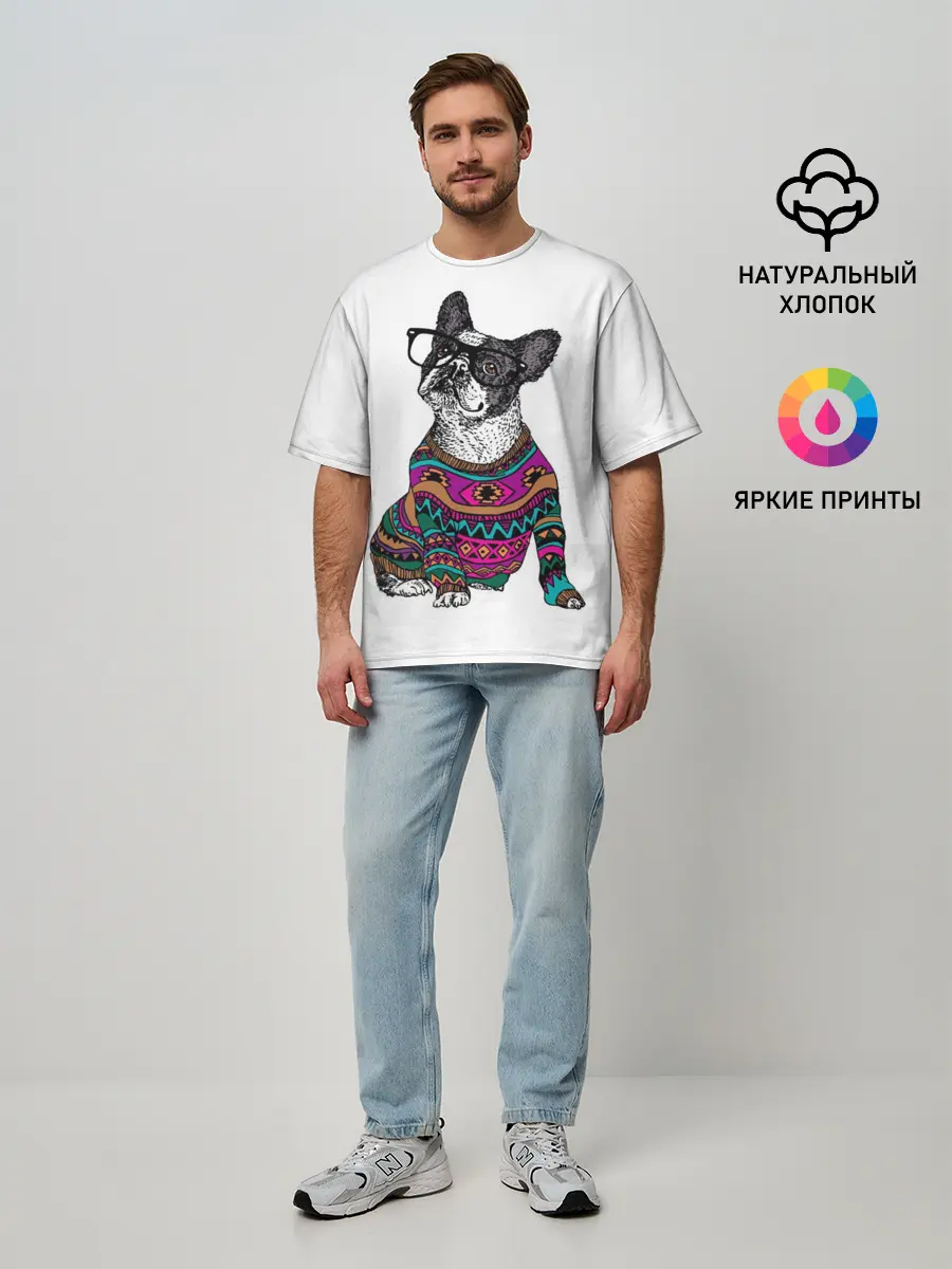 Мужская футболка оверсайз / Мопс Хипстер