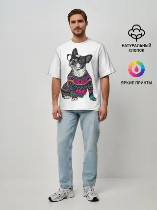 Мужская футболка оверсайз / Мопс Хипстер