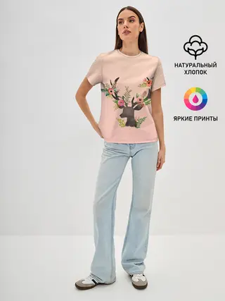 Женская базовая футболка / олень рога цветы