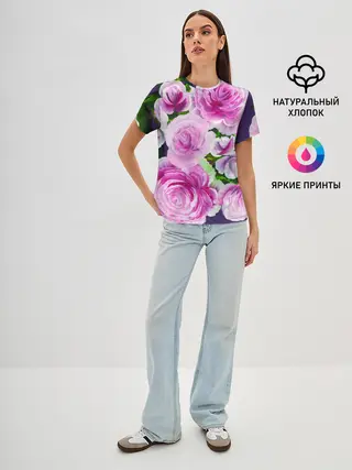 Женская базовая футболка / Цветы Розовые Розы красками