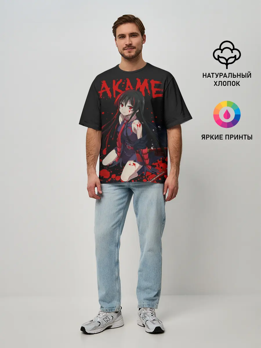 Мужская футболка оверсайз / Убийца Акаме на черно-красно фоне