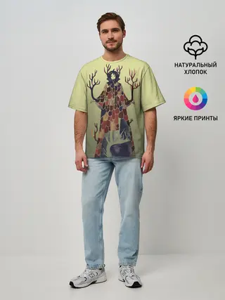 Мужская футболка оверсайз / лесной волшебник акварель