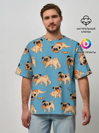 Мужская футболка оверсайз / Мопсы с пиццей