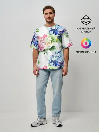 Мужская футболка оверсайз / Акварель, гортензии