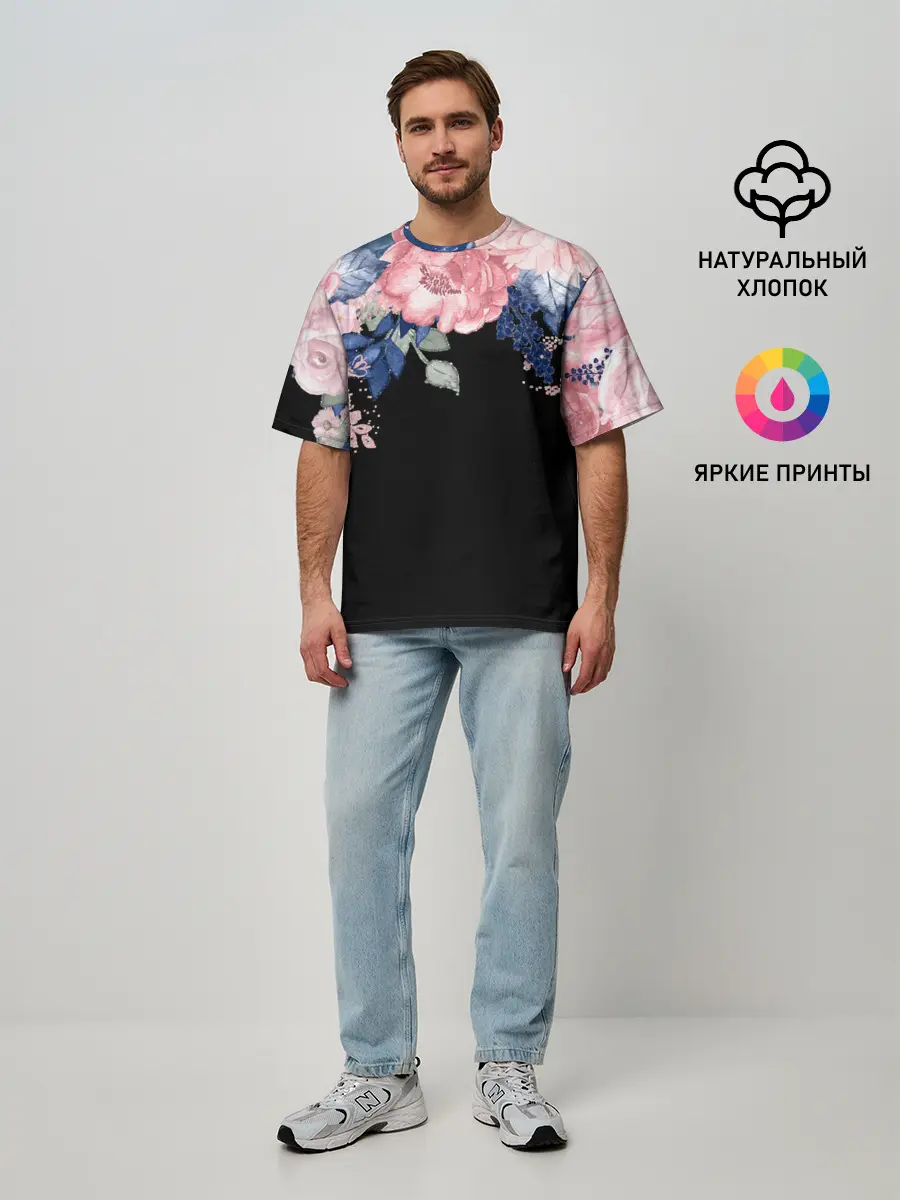 Мужская футболка оверсайз / цветы на черном