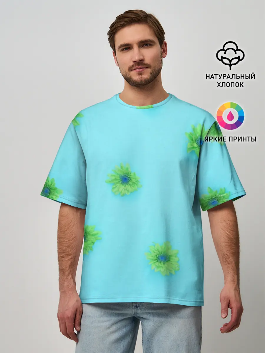 Мужская футболка оверсайз / Зеленые Цветочки