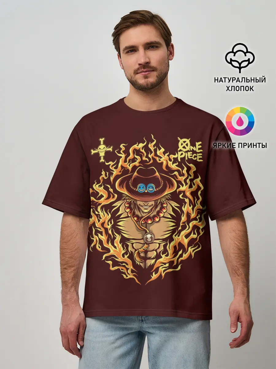 Мужская футболка оверсайз / One Piece Портгас Д. Эйс в огне