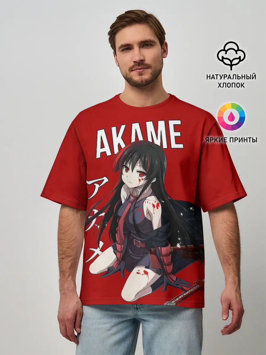 Мужская футболка оверсайз / Убийца Акаме на красном фоне