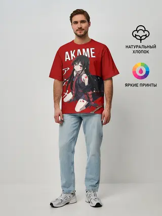Мужская футболка оверсайз / Убийца Акаме на красном фоне