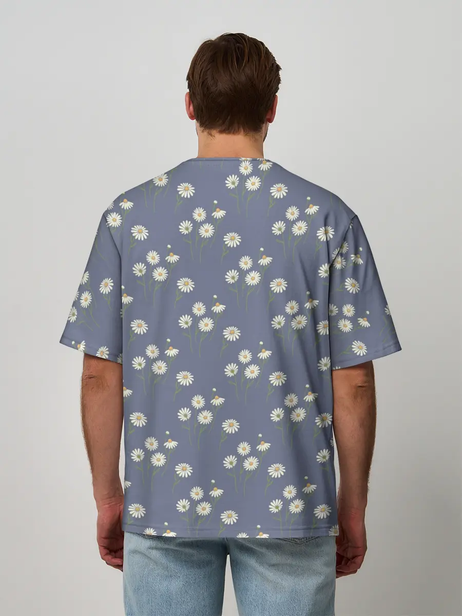 Мужская футболка оверсайз / Ромашки на сером паттерн