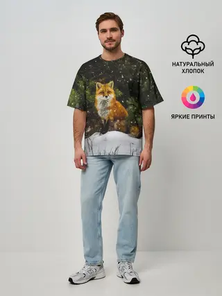 Мужская футболка оверсайз / Лиса и снег