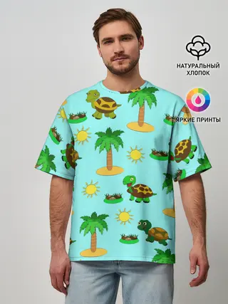Мужская футболка оверсайз / черепашки и пальмы