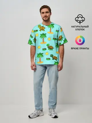 Мужская футболка оверсайз / черепашки и пальмы