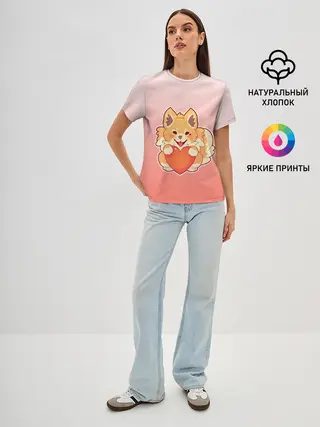 Женская базовая футболка / Собака корги сердечко милота