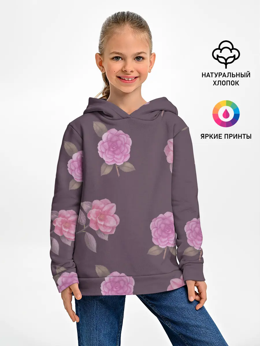 Детское худи / Камелии на вишневом фоне