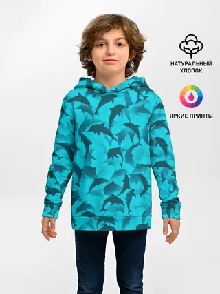 Детское худи / Синий камуфляж с дельфинами