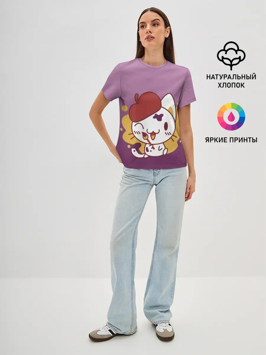 Женская базовая футболка / кот художник творец