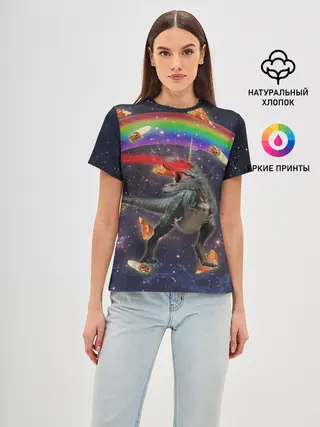 Женская базовая футболка / Динозавр в космосе