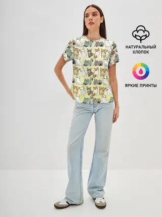 Женская базовая футболка / мультяшные котики на желтом мя