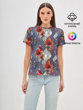 Женская базовая футболка / Оранжево-серый пэчворк