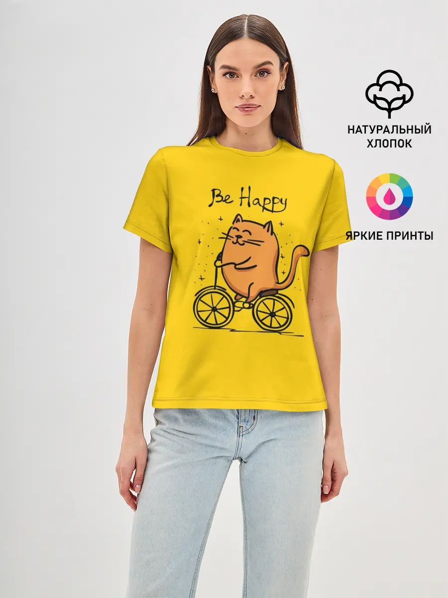 Женская базовая футболка / Be Happy,cat