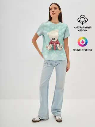 Женская базовая футболка / Медвежонок с подарком