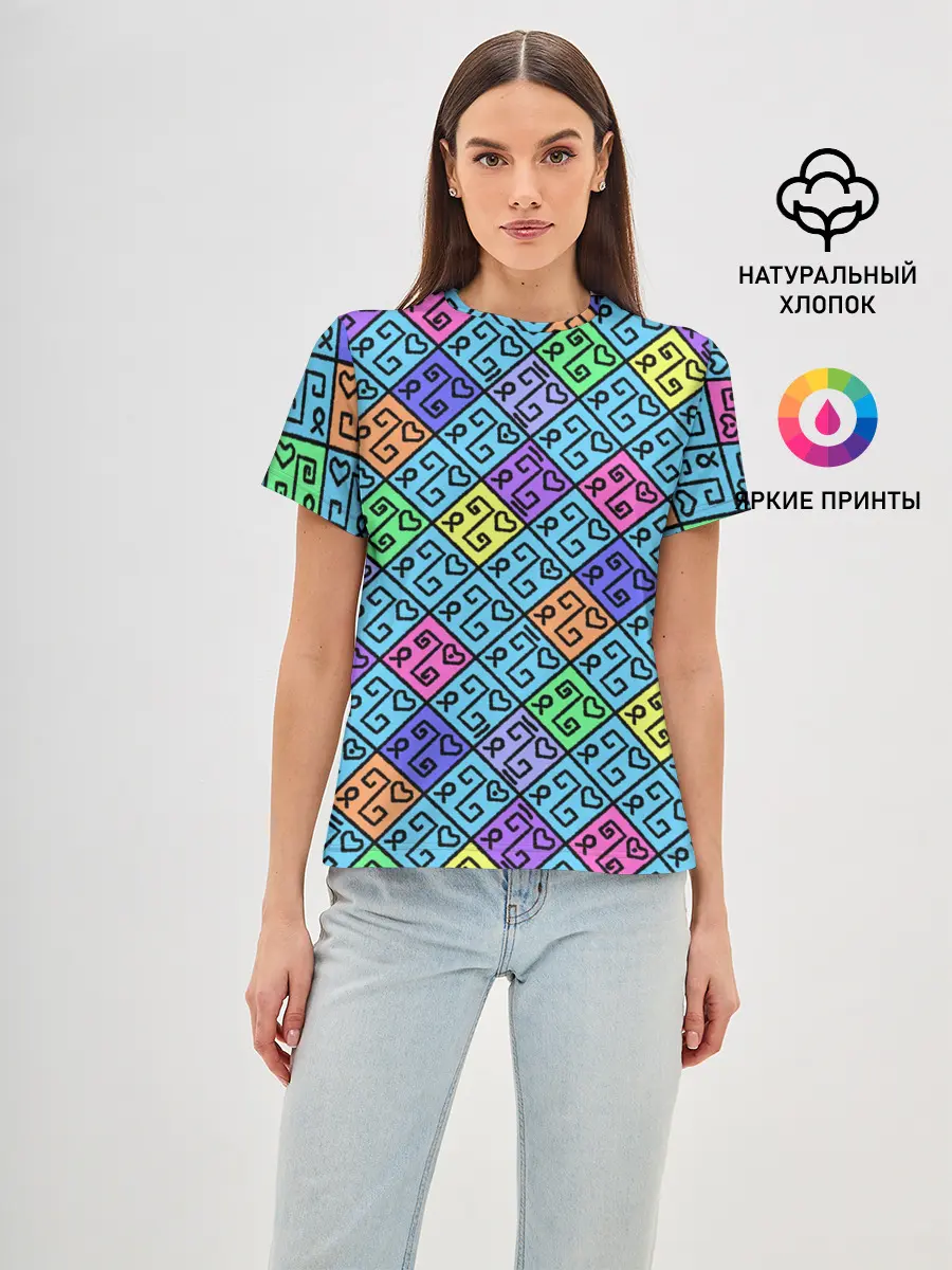 Женская базовая футболка / Неоновый яркий абстрактный узо