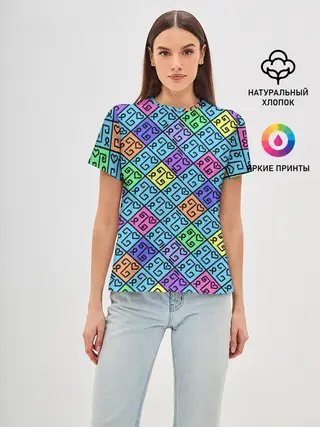 Женская базовая футболка / Неоновый яркий абстрактный узо