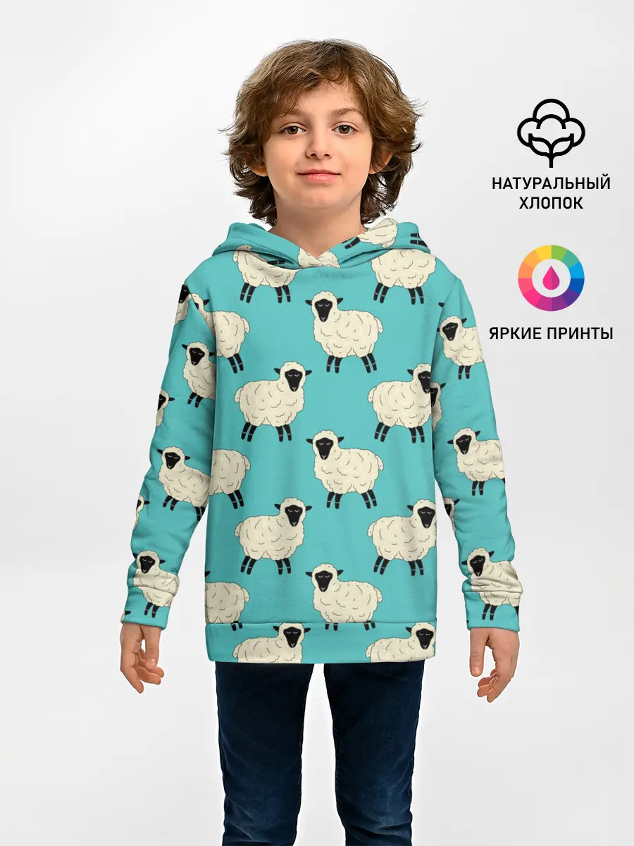 Детское худи / Овечки паттерн на бирюзовом