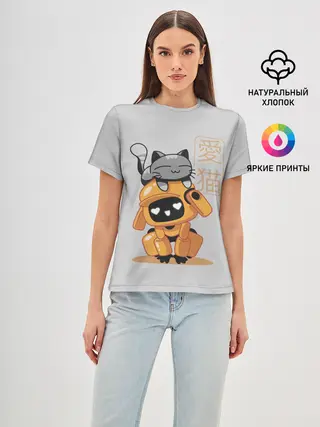 Женская базовая футболка / Cat and Robot