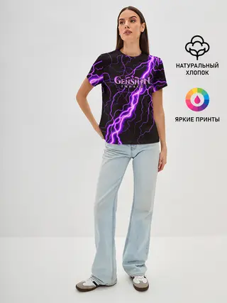 Женская базовая футболка / GENSHIN IMPACT МОЛНИЯ НЕОН
