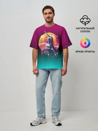 Мужская футболка оверсайз / РЕТРО ЕДИНОРОГ НЕОН