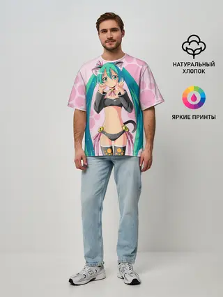Мужская футболка оверсайз / Хатсуне Мику на розовом фоне