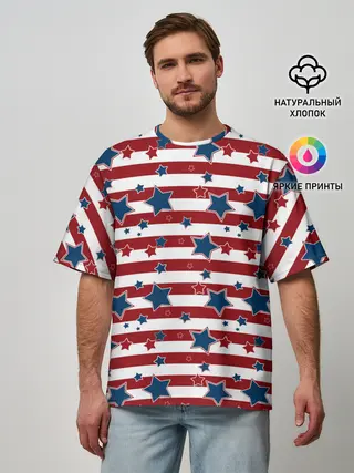 Мужская футболка оверсайз / Синие звезды на полосатом фоне