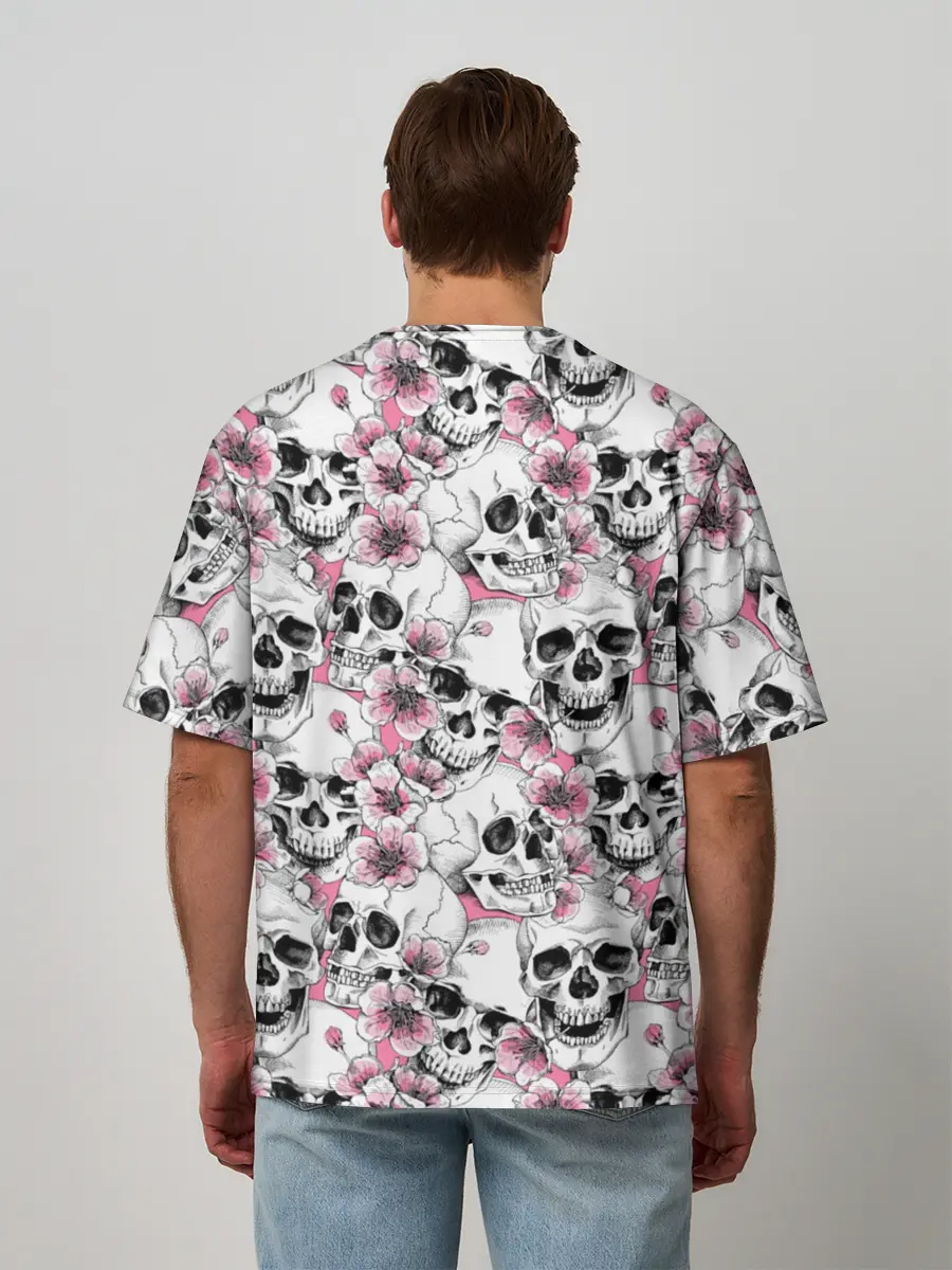 Мужская футболка оверсайз / Черепа в цветах