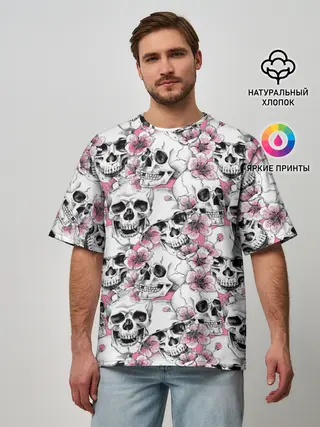 Мужская футболка оверсайз / Черепа в цветах