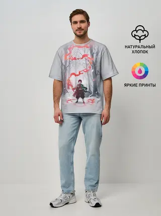 Мужская футболка оверсайз / KIMETSU NO YAIBA красный след