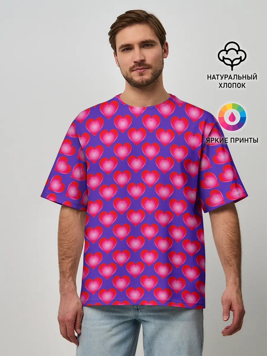 Мужская футболка оверсайз / Неоновые сердца