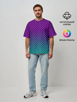 Мужская футболка оверсайз / НЕОНОВАЯ ШАХМАТКА