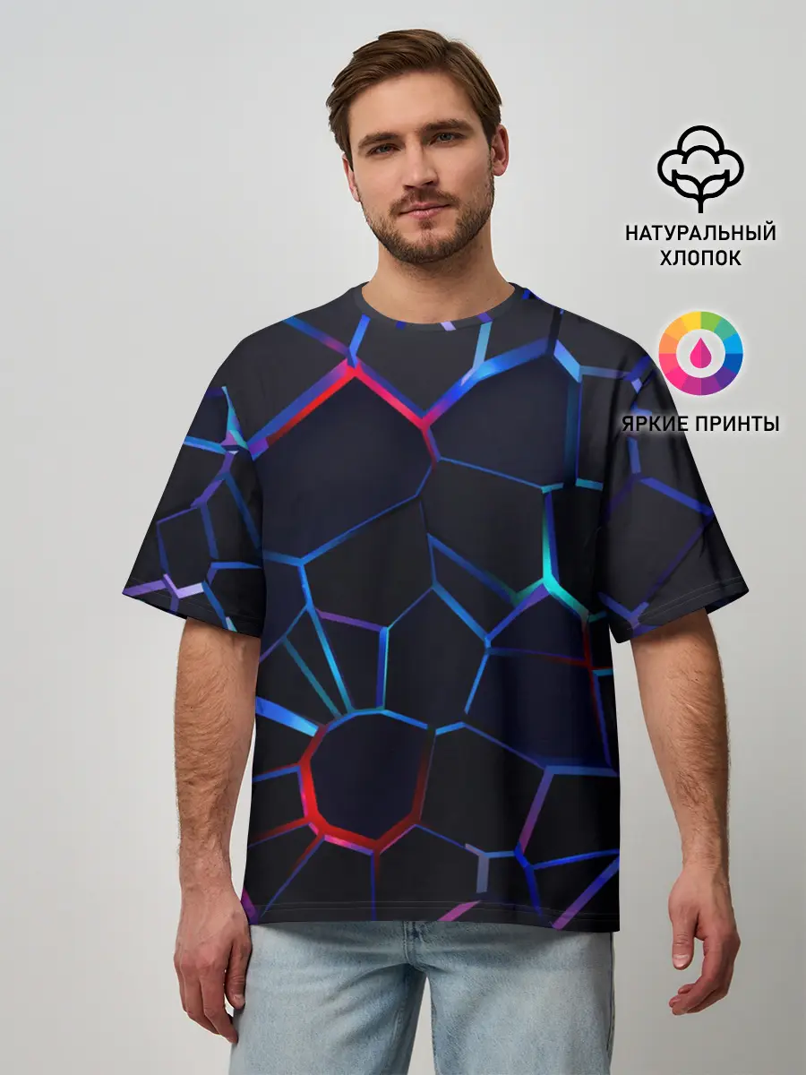 Мужская футболка оверсайз / Неоновые 3D плиты | Неоновые плиты