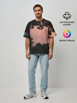 Мужская футболка оверсайз / Пальмы вид снизу закат