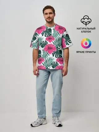 Мужская футболка оверсайз / Гавайский гибискус