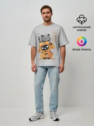 Мужская футболка оверсайз / Cat and Robot