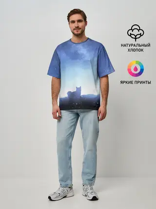 Мужская футболка оверсайз / силуэт корги ночь космос дымка