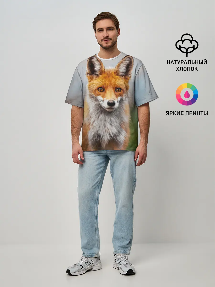 Мужская футболка оверсайз / рыжая лисица