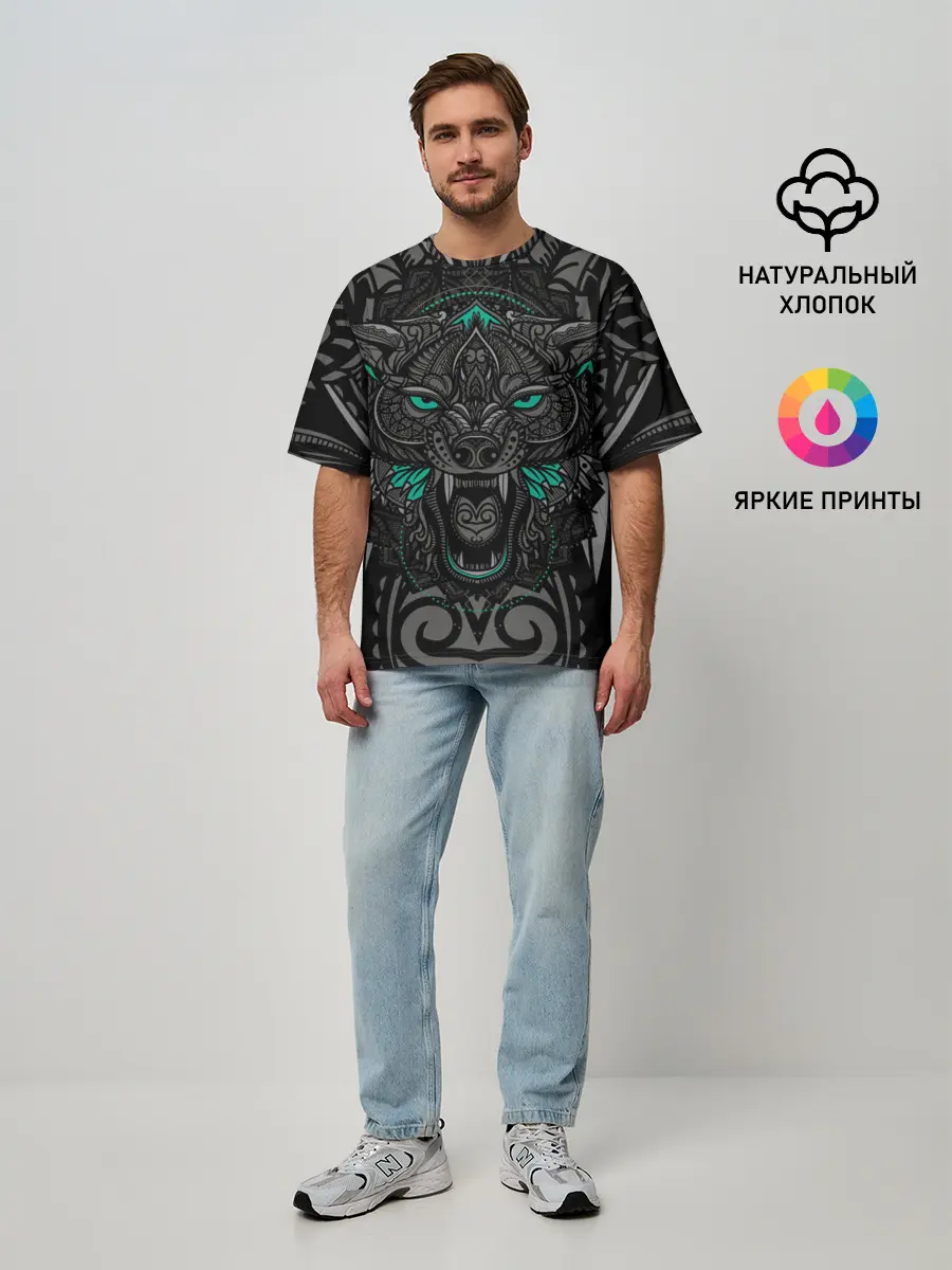 Мужская футболка оверсайз / Рисунок волк