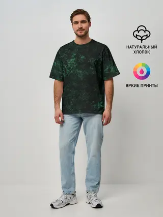 Мужская футболка оверсайз / Темно-зеленый мраморный узор