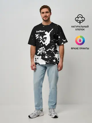 Мужская футболка оверсайз / Fly High Haikyu!! черно - белый