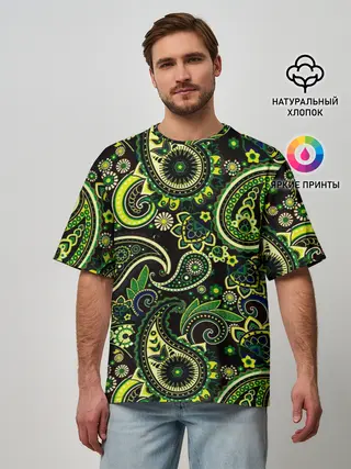 Мужская футболка оверсайз / Ярко зеленые славянские узоры