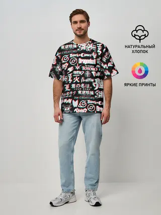 Мужская футболка оверсайз / ЛОГО АНИМЕ ГЛИТЧ
